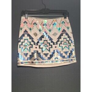 Express Aztec Sequin Stretch Lined Mini Skirt Womens Size XS Cream